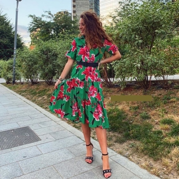 zara green belted dress